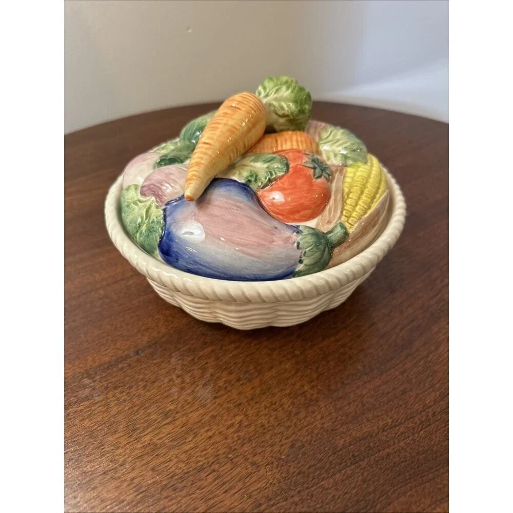 FITZ & FLOYD Vegetable Garden 3D Covered Bowl W/Lid Ironstone Basket 2.5 Cup